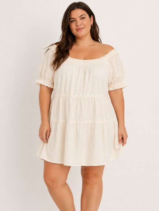 Old Navy Dresses & Skirts - Old Navy XL Ivory Off Shoulder Peasant Mini Dress Embroidered Puff Sleeve Boho